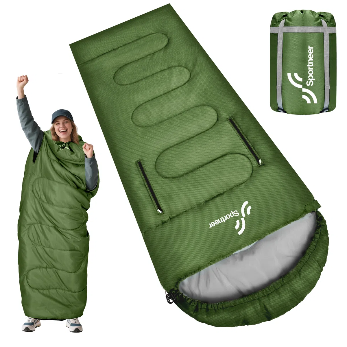 Sportneer Saco de Dormir portátil Adecuado para Las 4 Estaciones con Orificios con Cremallera para Brazos y pies Saco de Dormir Individual para Adultos para Senderismo y Viajes, 20 Grados
