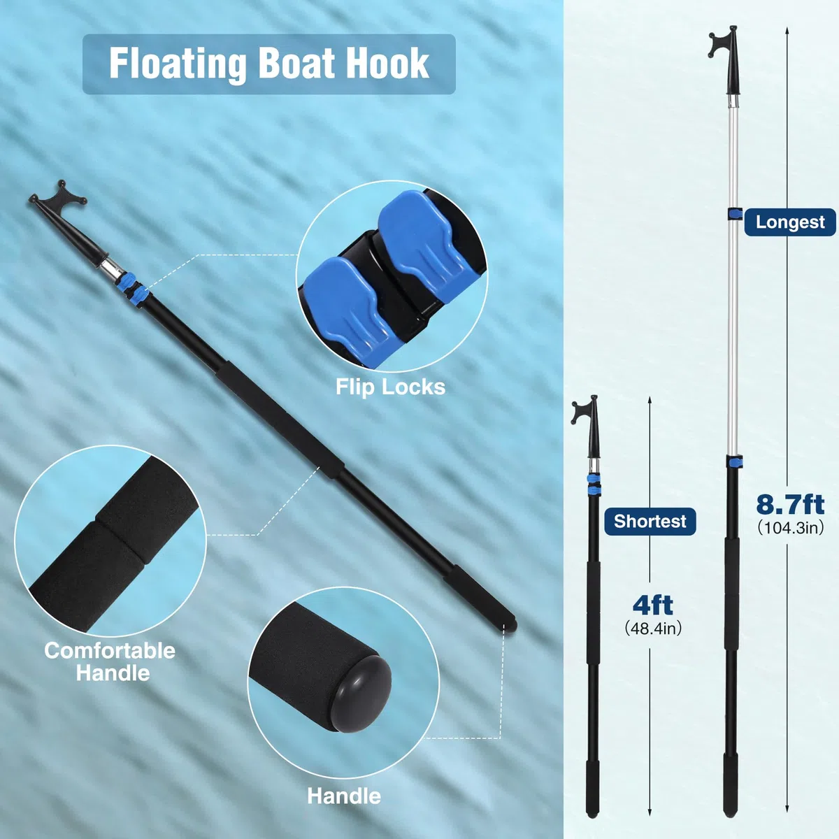 REDCAMP Gancho telescópico para barco, aluminio, extensible, multiusos, ligero, flotante, para barco, accesorios para barcos, 3,6 m, color negro