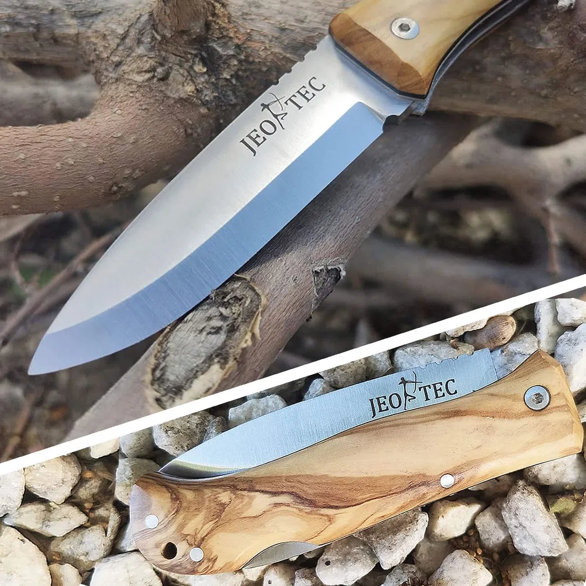 JEO-TEC Nº16 Navaja de Bolsillo para Bushcraft Supervivencia Acampada Caza Pesca Actividades al Aire Libre, Acero Inoxidable Sandvik 14C28N Scandi, Cuchillo Plegable Hecho a Mano en España