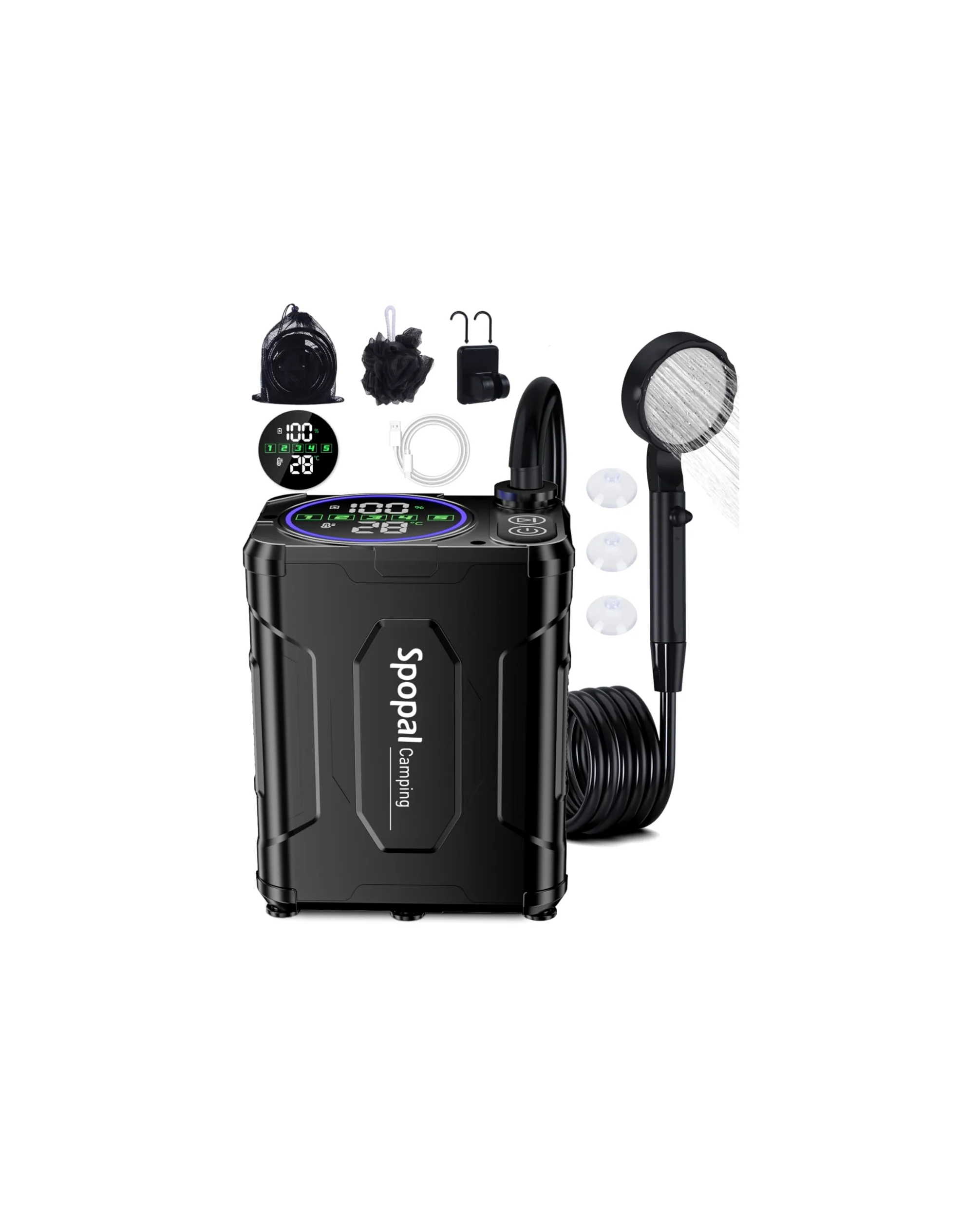 Ducha Camping Portatil, [13000mAh Batería][Pantalla Led] Spopal Ducha Electrica Recargable, 240 Minutos de Autonomía, IPX8 Impermeable, 5 Velocidades, Para Viajes Aire Libre, Acampar, Limpiar Mascotas