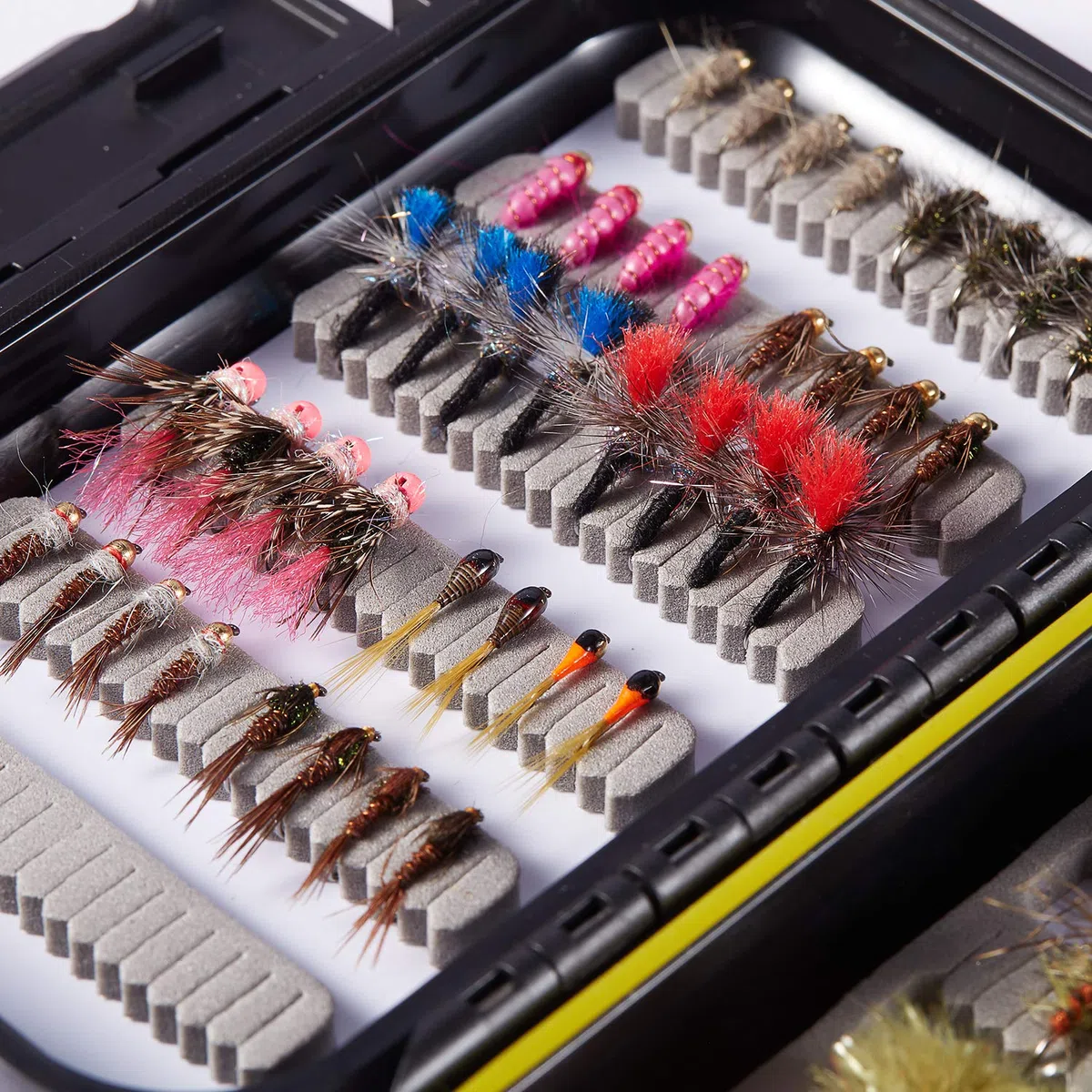BASSDASH Kit de Moscas de Pesca con Mosca, Surtido de Moscas, Pesca de lubina con Caja de Moscas, 36/64/72/76/80/96 Piezas con Moscas secas/húmedas, ninfas, serpentinas, Popper