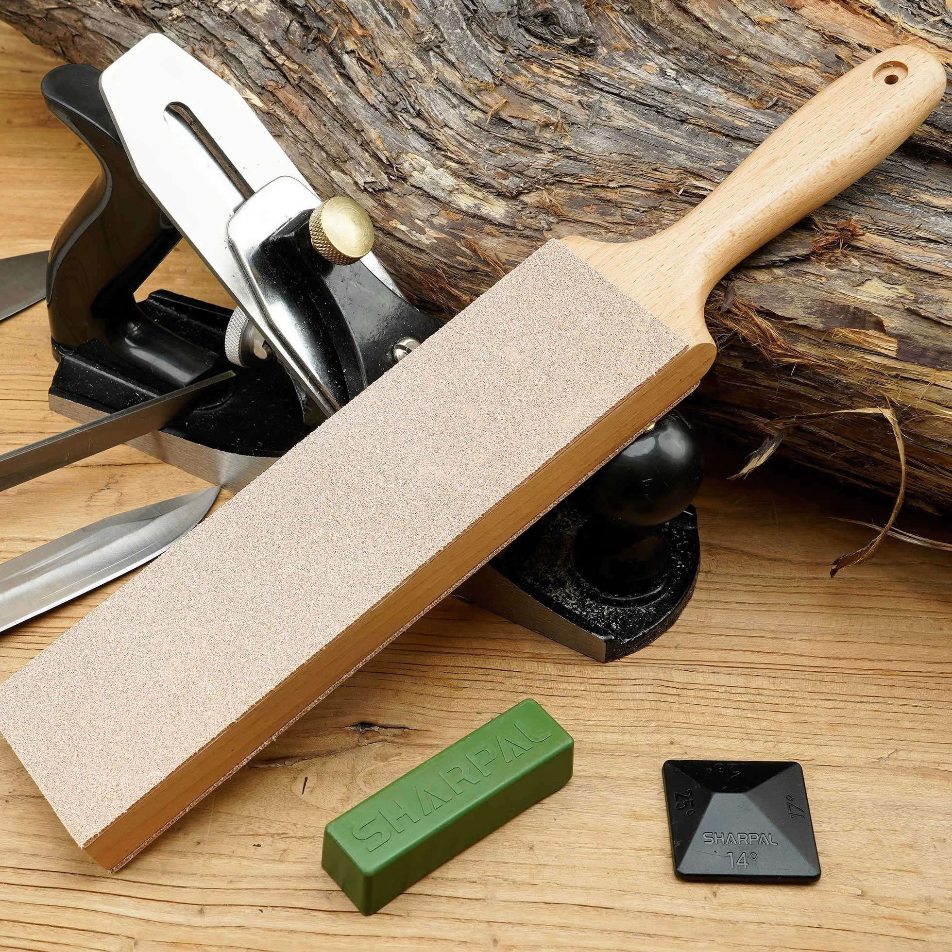 SHARPAL 205H Kit de gamuza de cuero de doble cara (330 x 60 mm) con 53g de pasta de pulir y guía de ángulos, bloque de gamuza para afilar y pulir cuchillos, Afilador de cuchillos profesional