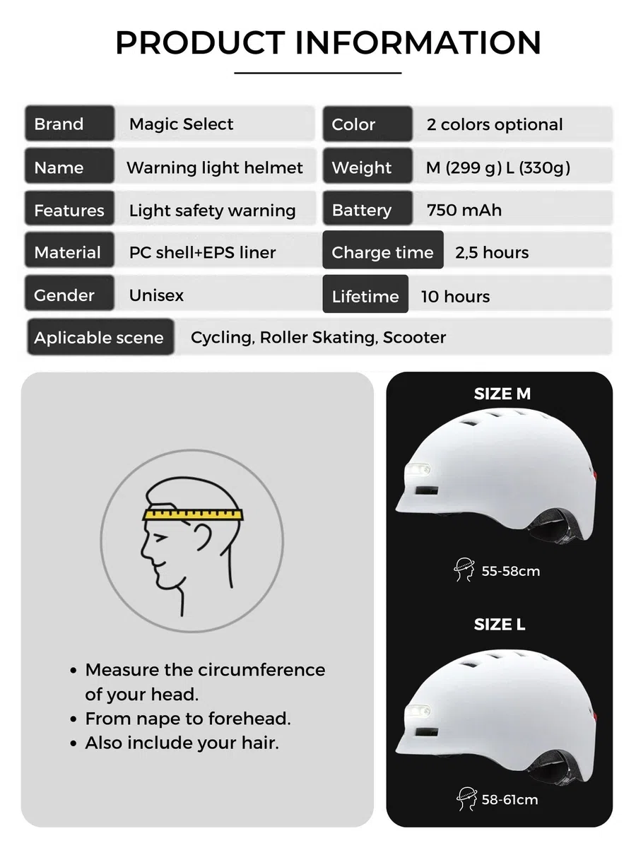 Casco de Ciclismo con Luz Advertencia Roja + Luz Frontal Blanca. Casco de MTB, Bicicleta, Patinete; Ligero con Forro Desmontable, Carcasa de PC + EPS, 14 Respiraderos y Cable USB Carga.