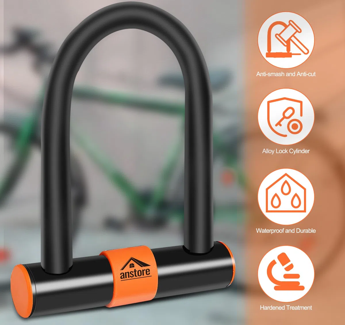 Candado U,Anstore Candado para Bicicleta con Cable, Candado en U con 2 llaves para Bicicleta de Carretera, Bicicleta de Montaña, Bicicleta