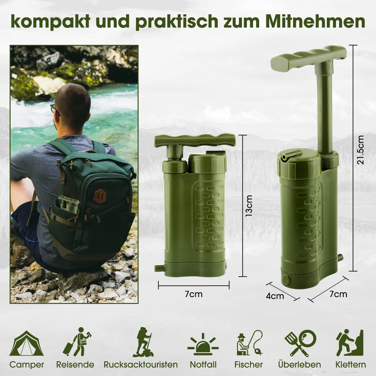 Filtro de agua portátil para exteriores, 3000 L, para exteriores, supervivencia al aire libre, camping, purificador de agua portátil para limpieza de agua, senderismo, salvavidas, purificador de agua