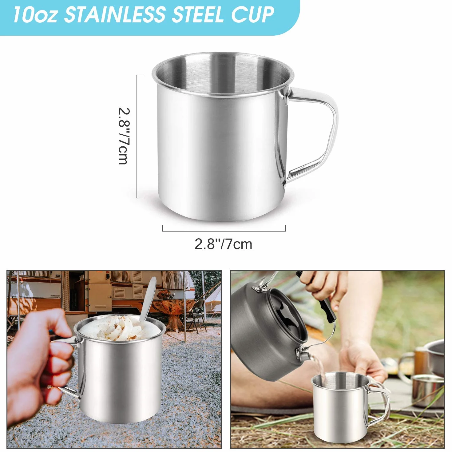 Odoland Vajilla de Acero Inoxidable para 1 Persona, 8-en-1, Cubiertos y Platos Kit de Picnic con Placa Tazon Tenedor Cuchara Cuchillo y Bolsa de Red, Camping Viajes
