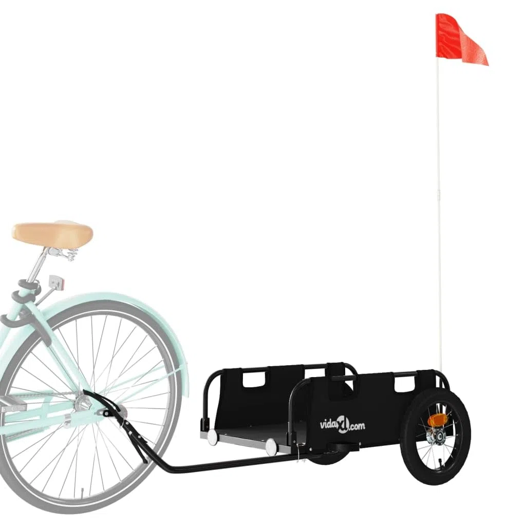 Remolque de bicicleta de tela Oxford negra y hierro con recubrimiento en polvo, 122 x 53 x 33 cm, plegable con reflector, acoplamiento y protección contra la lluvia para cargas, niños, perros