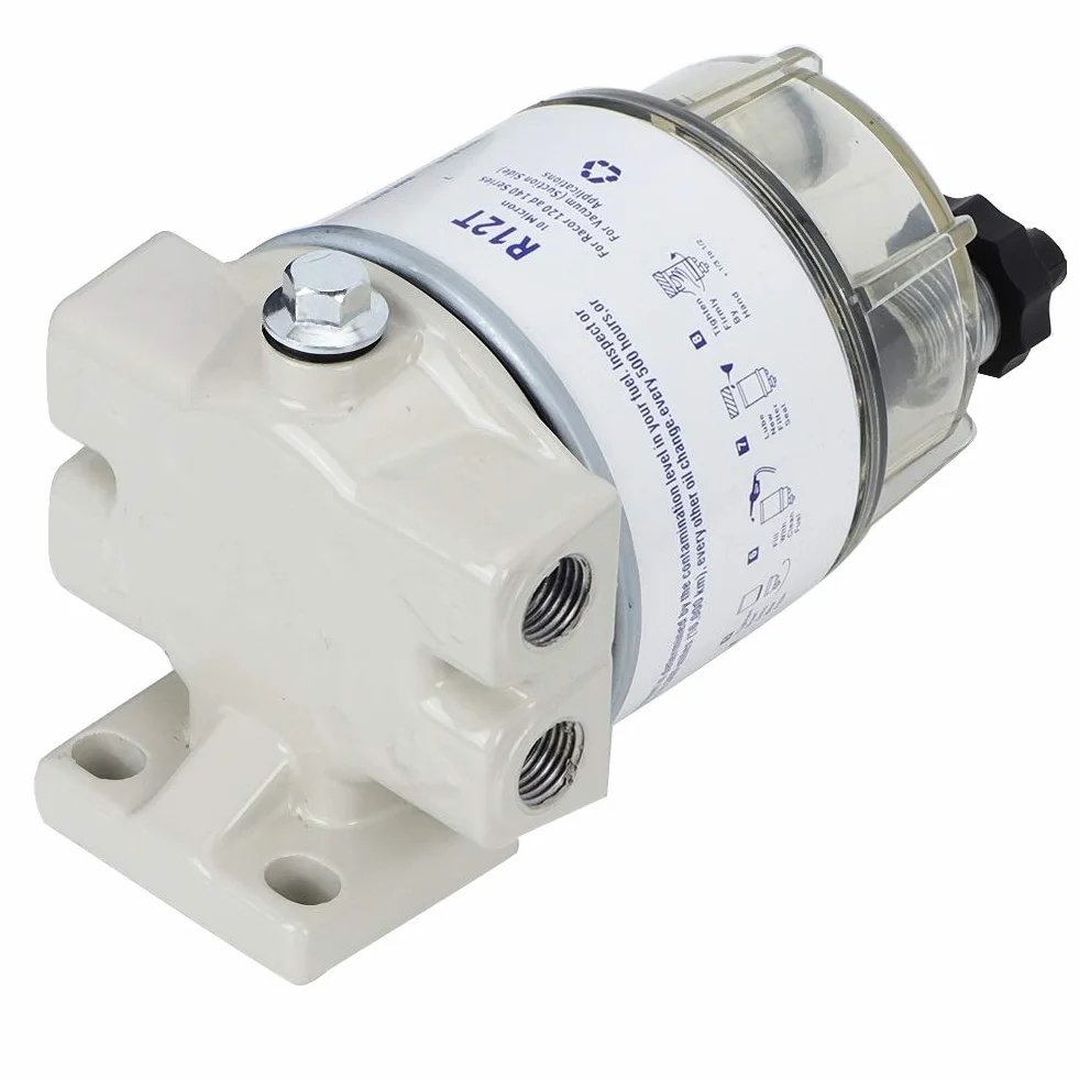 Filtro Combustible, Filtro R12T Separador de Agua Combustible Marino con Rotación y Drenaje Automático 10 Micrones 30 GPH para Motores de Lanchas Rápidas y Embarcaciones