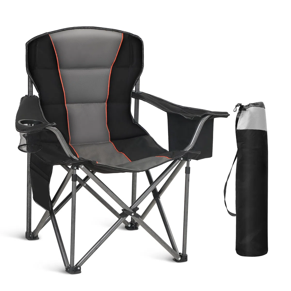HIGH POINT SPORTS Silla Camping Plegable Silla Plegable Portátil de Gran Tamaño, Silla Plegable Negro Resistente al Aire Libre con Portavasos y Bolsa Enfriadora, Soporta 200KG