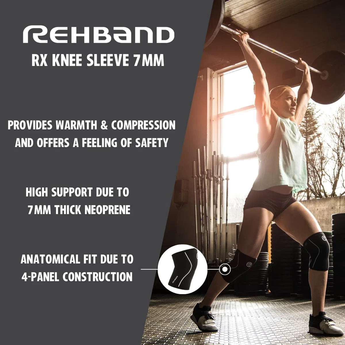 Rehband Rodillera para entrenamiento de fuerza & fitness - rodillera de neopreno de 7 mm, flexible & antideslizante, knee sleeve para hombres & mujeres, Color:Carbon/Negro - 1 Par, Talla:L
