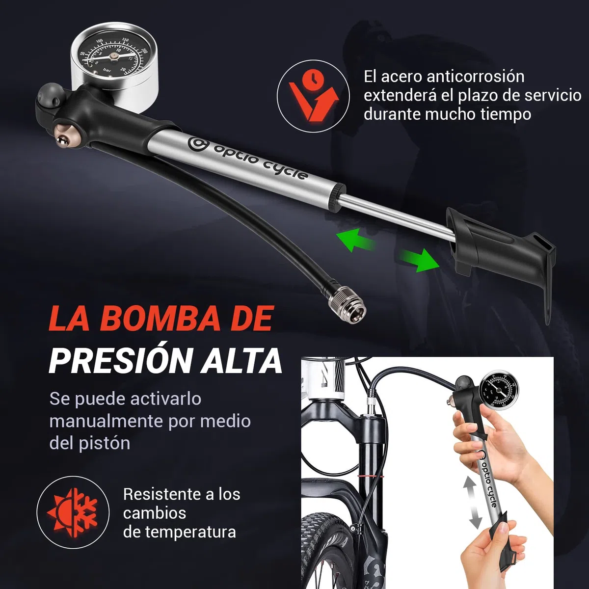 Bomba Suspension MTB – Bomba de Horquilla MTB con Manómetro | Shock Pump para Horquilla y Amortiguador | Compatible con Fox, RockShox, Manitou