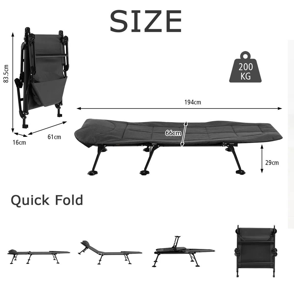 KOMFOTTEU Cama de Camping Plegable, Tumbona Portátil Reclinable de 6 Posiciones, Tumbona de Pesca con Colchón Extraíble y 6 Patas, Carga 200 kg, para Viaje, Acampar, 194 x 69 x 29 cm