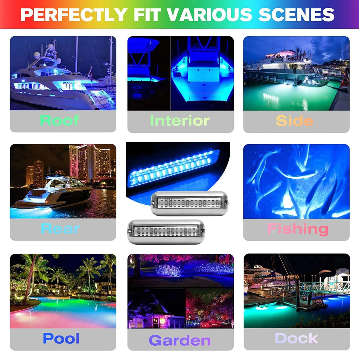 Greluma 2Pcs 42LED luces LED subacuáticas para barcos,pontones marinos Luz submarina para barcos,luces de cubierta para barcos de acero inoxidable IP68 a prueba de agua Luces de pesca de popa LED-Azul