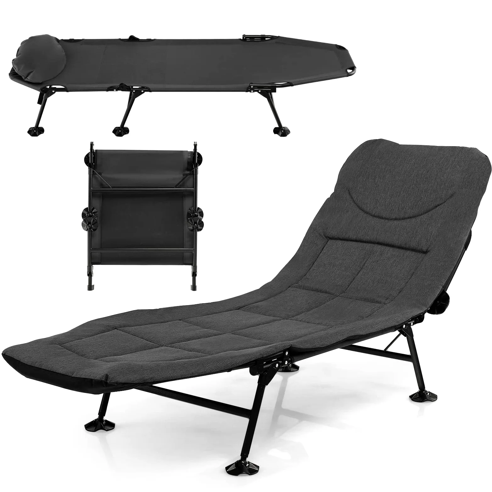 COSTWAY Cama Plegable Camping con Colchón Desmontable, Cama Camping Respaldo Ajustable en 6 Posiciones, Catre Plegable Camping portátil y Ligera con Bolsa, Carga 200kg, 194 x 69 x 29 cm (Gris)