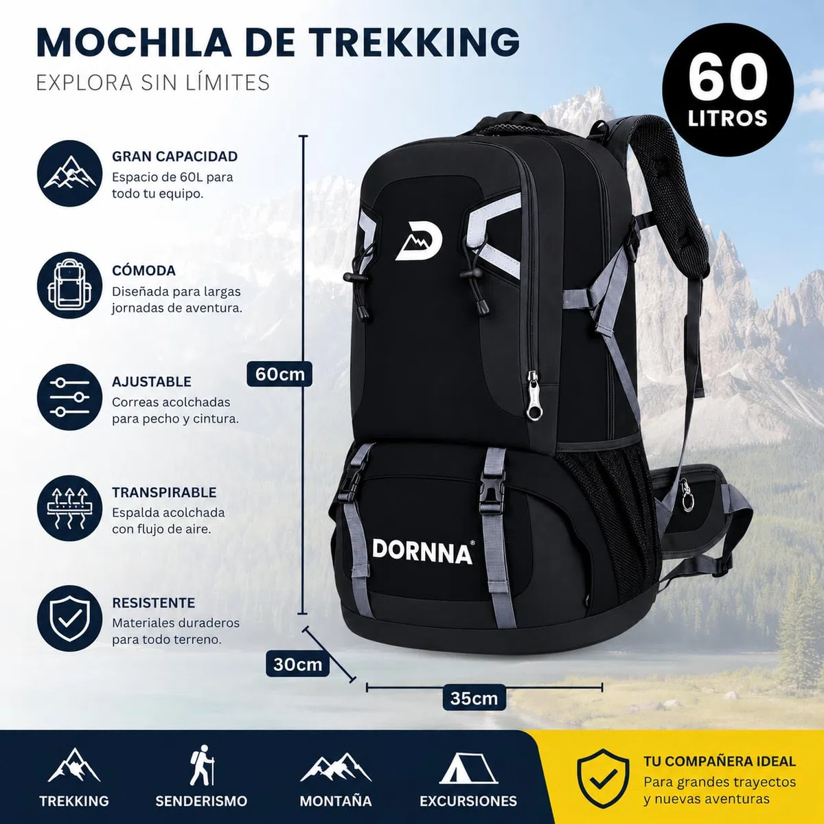 Mochila Trekking y Senderismo 60 Litros, Mochila Impermeable para Montaña, Camino de Santiago y Acampada con Múltiples Compartimentos. (Negro)