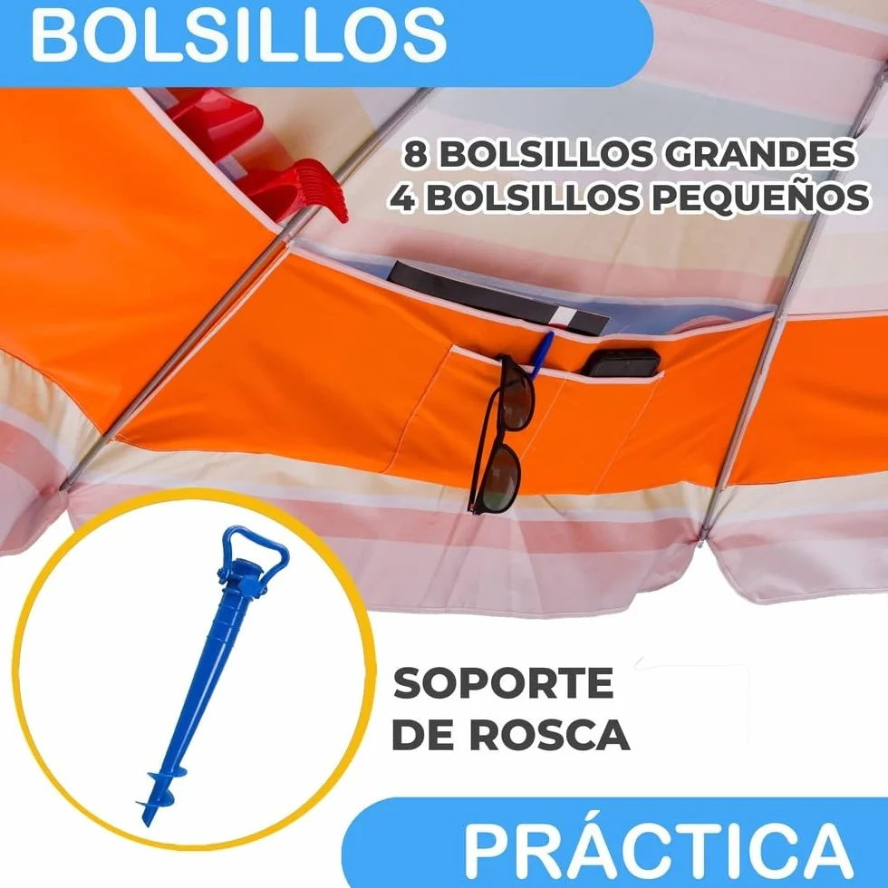 MONTY Sombrilla playa UPF+50 antiviento fibra vidrio mástil inclinable regulable altura