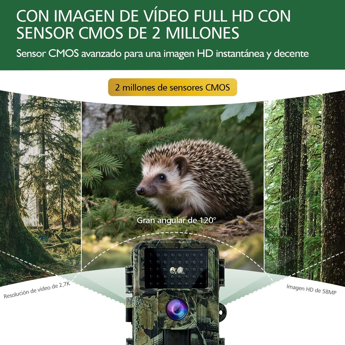 HAZA Camara Caza 58MP 2.7K HD Camara Fototrampeo con Micro SD 32GB Cámaras de Caza Visión Nocturnal Impermeable IP66 Cámara de Outdoor Patio Trasero Granja Vida Silvestre Monitoreo