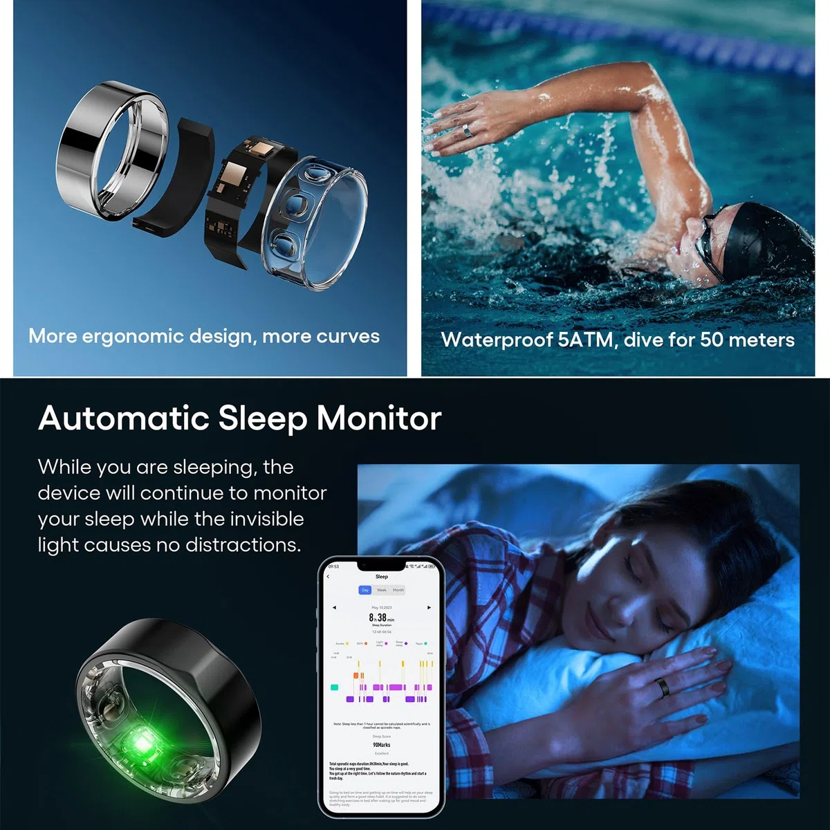 Anillo inteligente de monitoreo de salud con oxígeno en sangre, seguimiento del sueño, impermeable, para hombres y mujeres