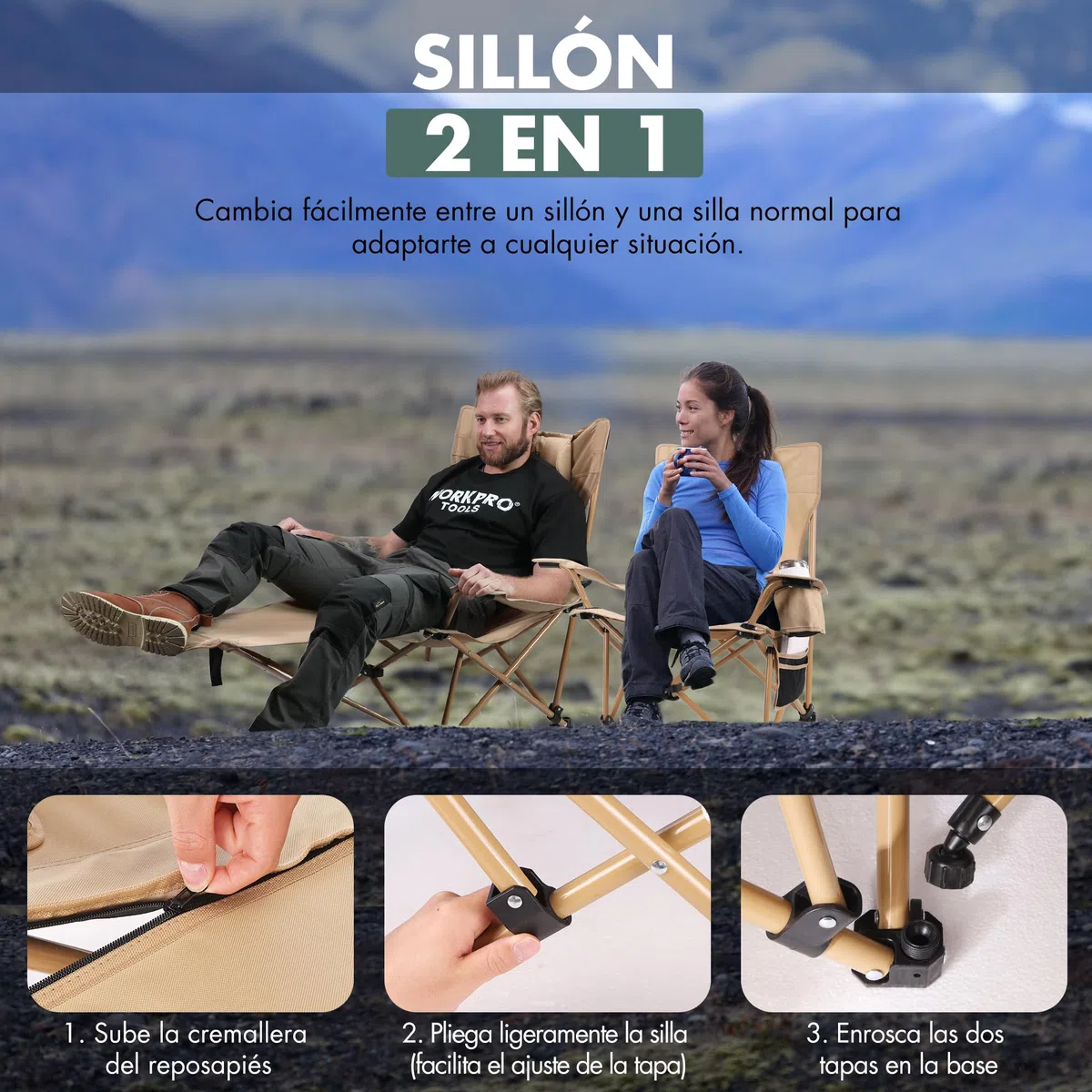VILLEY Silla de Camping Plegable con Reposapiés, Reposacabezas y Bolsa de Almacenamiento, Silla Plegable para Camping, Playa, Jardín, Pesca, Soporta hasta 150 kg, Beige