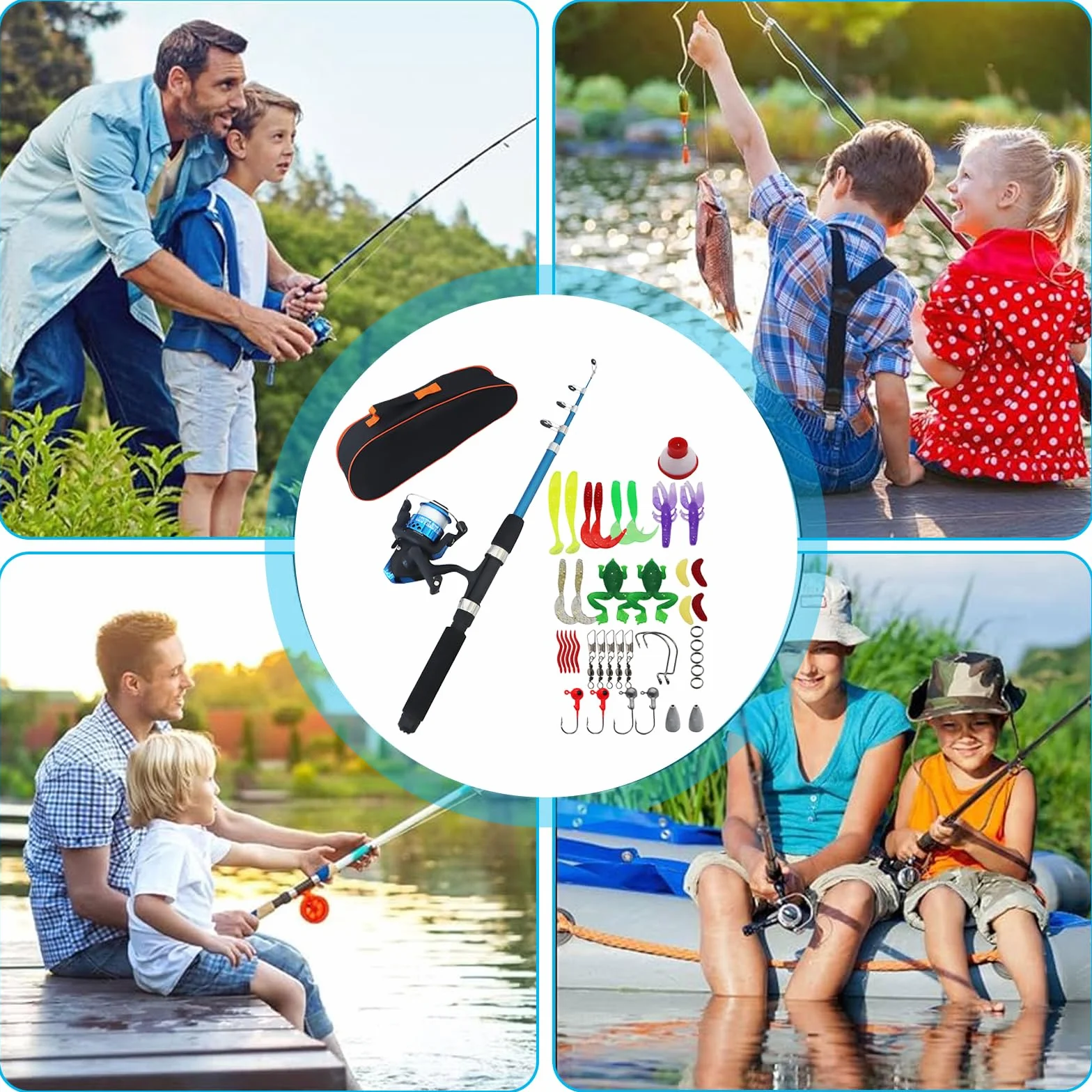 Juego de pesca completo para principiantes, para niños, 1,5 m, con carrete, caja de cebo azul, caña de pescar telescópica y bolsa de transporte, set de accesorios de pesca para principiantes