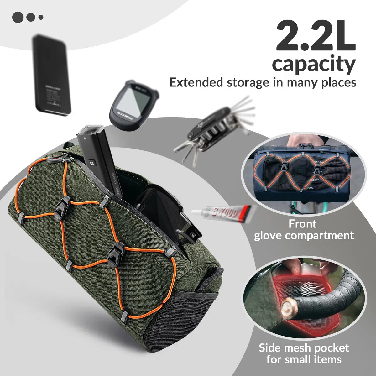 ROCKBROS Bolsa Manillar Bicicleta Repele el Agua, Mochila Delantera con Correa de Hombro Ajustable para MTB Bicicleta Carretera, 24 x 11 x 13cm Accesorio de Ciclismo