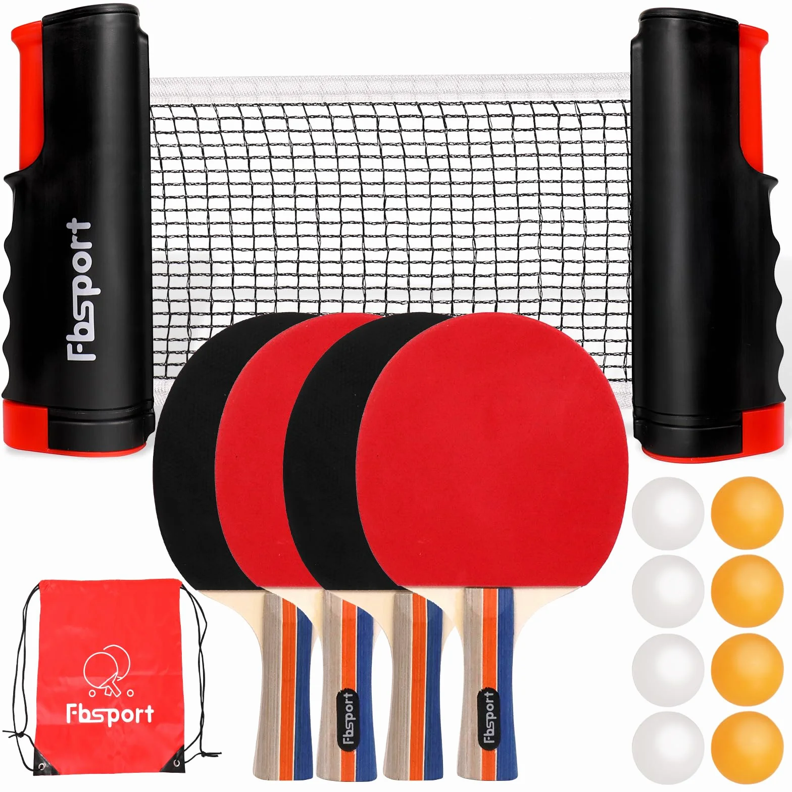 Sets de Ping Pong Portátil con 4 Raquetas, Red Retráctil, 8 Palas y 1 Bolsa de Transporte, Tenis de Mesa Set para Interior Exterior Niños Adultos