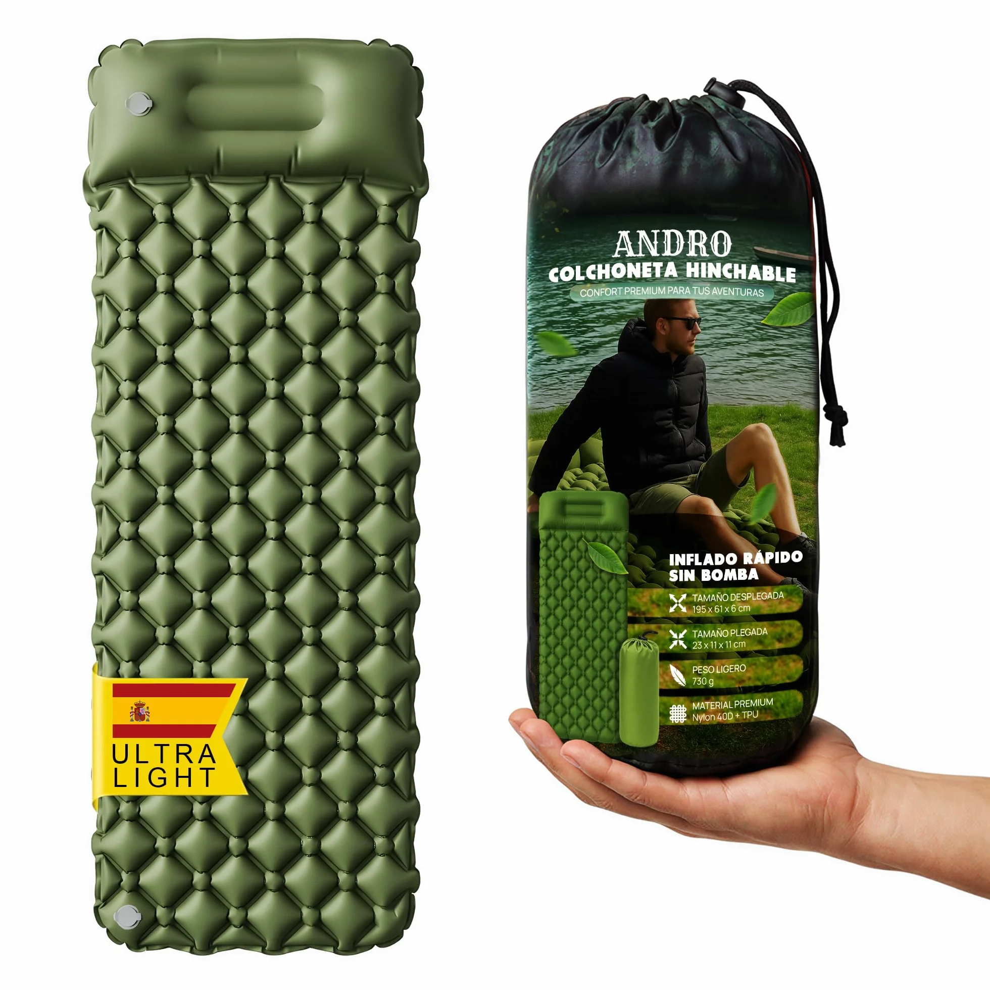 ANDRO Colchoneta Camping Hinchable Individual Ultraligero Portátil para Acampada