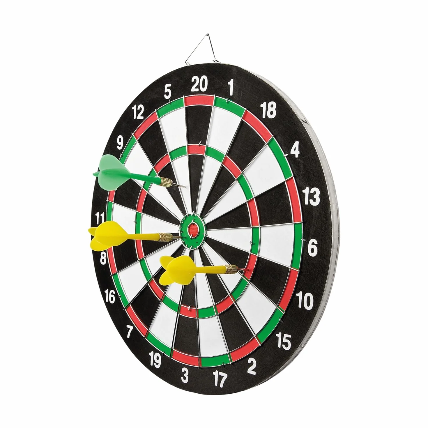Idena 40375 - Diana para Colgar, Diana con 2 Caras, diámetro 29 cm, Incl. 6 Dardos en Verde y Amarillo e Instrucciones de Juego