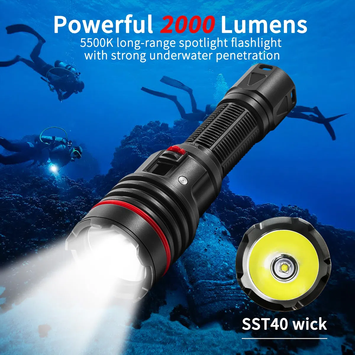 Linterna de Buceo Profesional, 2000 Lúmenes, 100m, Carga USB-C, Ideal para Deportes Subacuáticos