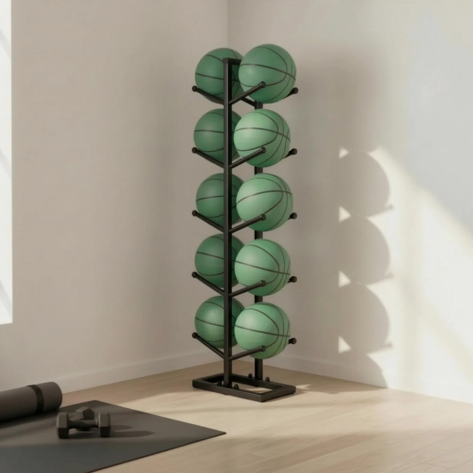 Yajuyi Estante para Balones Organizador de Pelotas Soporte Almacenamiento Exhibidor Estructura de Cinco Niveles Hierro Tubular Base Estable Ahorro de Espacio