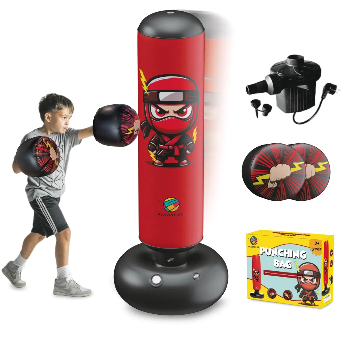 Saco de Boxeo Infantil 160CM - Punching Ball para Niños + Bomba Eléctrica + Guantes de Boxeo Inflables - 3 a 10 Años - Juguete para Exterior e Interior - Saco de Boxeo de Pie