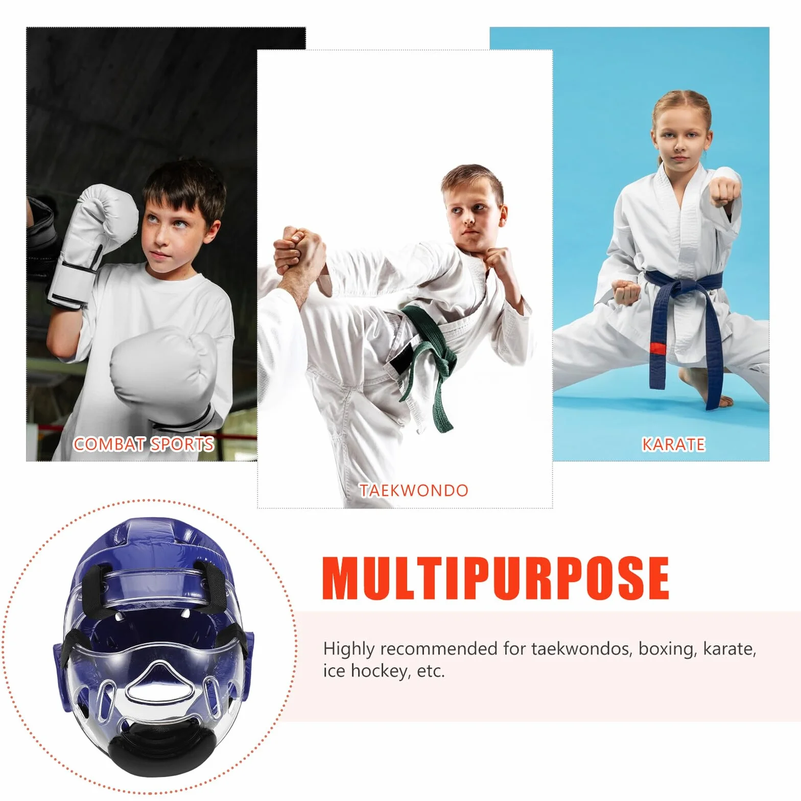 SOIMISS Casco Taekwondo para Niños con Mascarilla Facial Ajustable y Espuma Ligera para Protecciones de Karate y Kickboxing en Deportes Marciales y Lucha