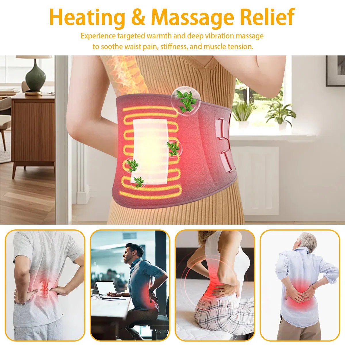 Cinturón Térmico de Vibración con 3 Niveles de Calor y 3 Modos de Masaje, Cinturón Lumbar Eléctrico Inalámbrico con Banda Ajustable y Apagado Automático (110 x 22 cm)
