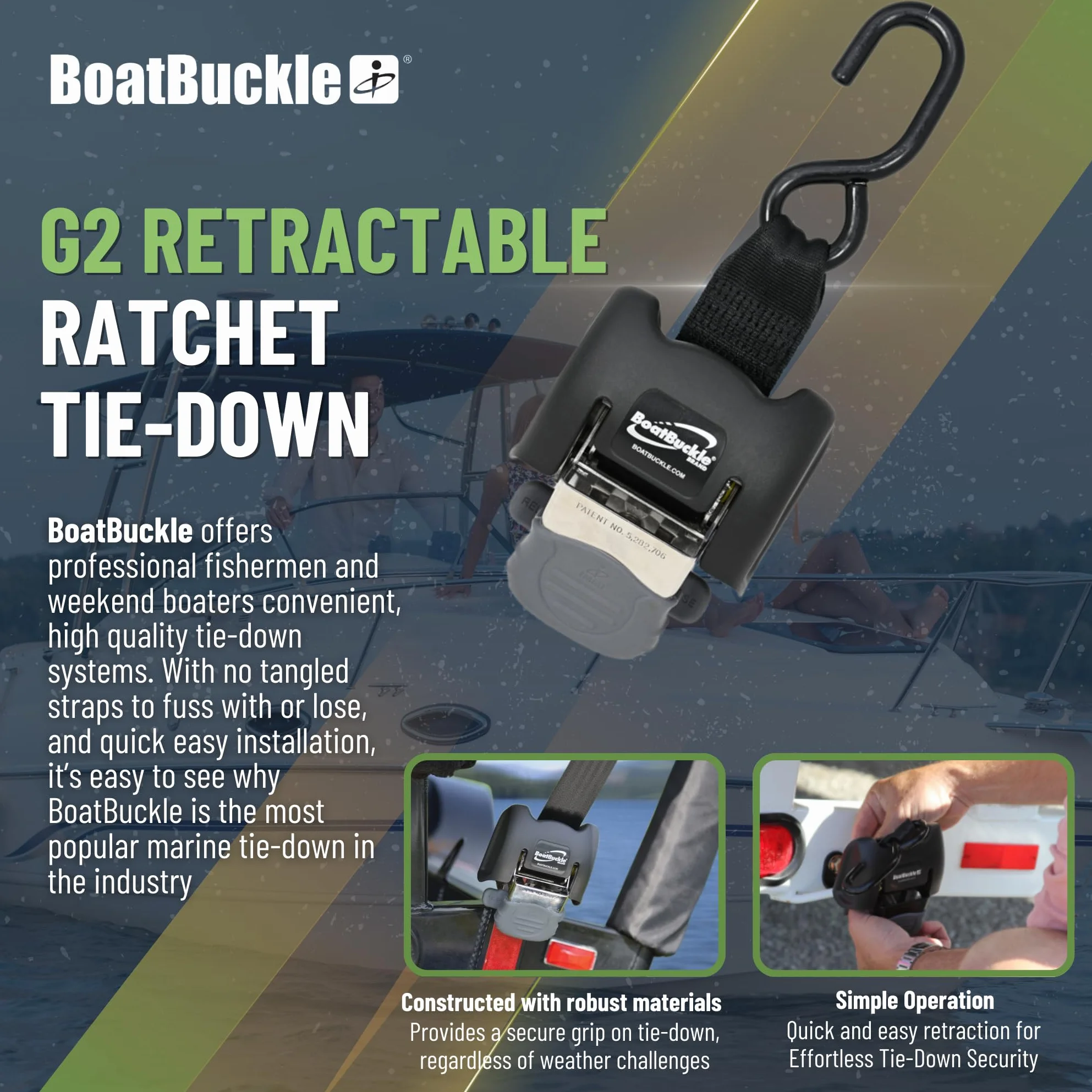 BoatBuckle G2 - Amarre retráctil de Acero Inoxidable para travesaño (Negro), 1 par