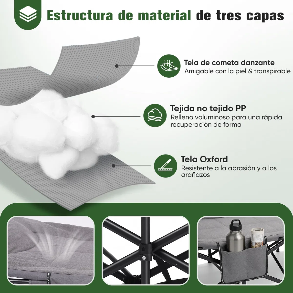 Sekey Cama de Camping Plegable con Acolchado y Bolsillo Lateral, hasta 190 x 71 x 36 cm, Superficie de Descanso Muy Ancha, Tumbona de Camping para Exterior e Interior, Ideal para jardín, Camping
