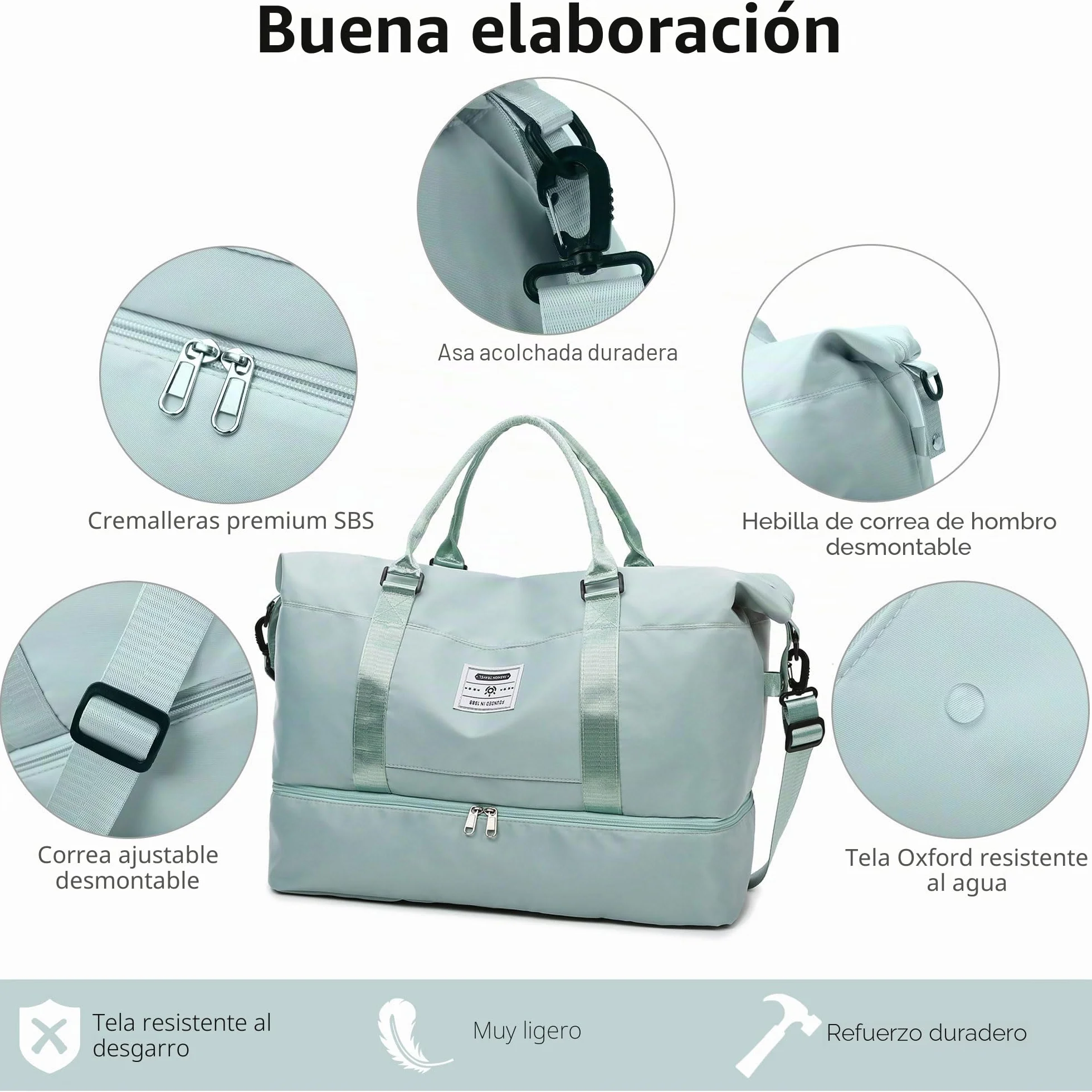 Bolsas de Viaje Bolsas de Deporte Bolsa de Gimnasio Impermeable Bolsa de Mano Equipaje Fin de Semana con Bolsa Húmeda y Zapatero para Hombre Mujer (Verde Claro)
