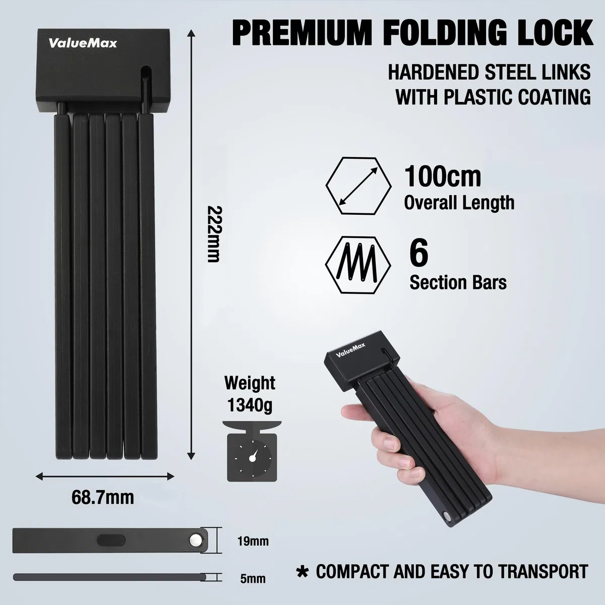 ValueMax Candado,Candado Plegable para Bicicleta, con Soporte, 1M Extendido, 22x7x2cm Plegado, Compacto Antirrobo Resistente Anti Corte y Práctico Negro