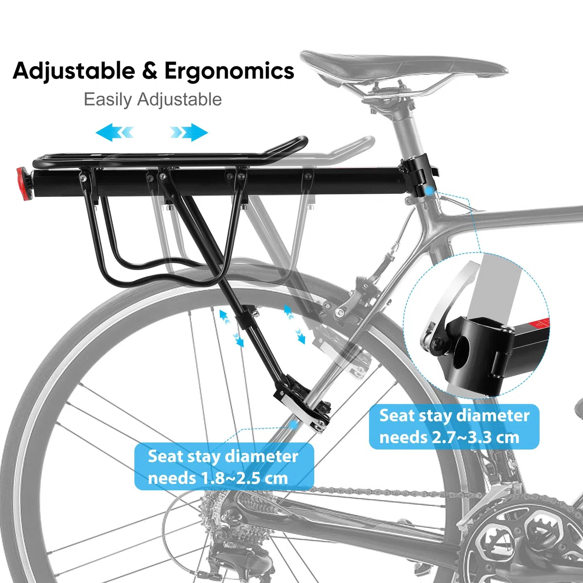 DazSpirit Portaequipajes Bicicleta, Portabultos Bicicleta Trasero, Parrilla Bicicleta Ajustable, con Reflector, Carga máxima de 60 kg, Instalación rápida, Material de aleación de Aluminio