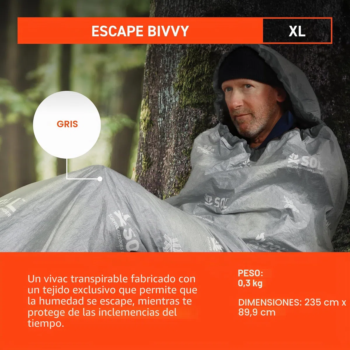 survive outdoors longer XL with Hood-Grey Sol Escape Bivvy Capucha-Gris
