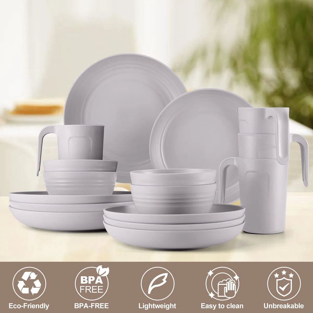 Odoland Vajilla de Camping, Set de Vajilla de Plástico 16 Piezas para 4 Personas, Ligera y Reutilizable, Gris