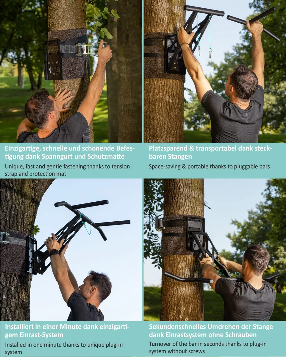 PULLUP & DIP Barra de Dominadas y Dips Premium, Barra Dominadas Móvil para Pared en Casa y Exteriores en Arbol y Poste, Barra de Tracción Multifuncional para más de 35 Ejercicios