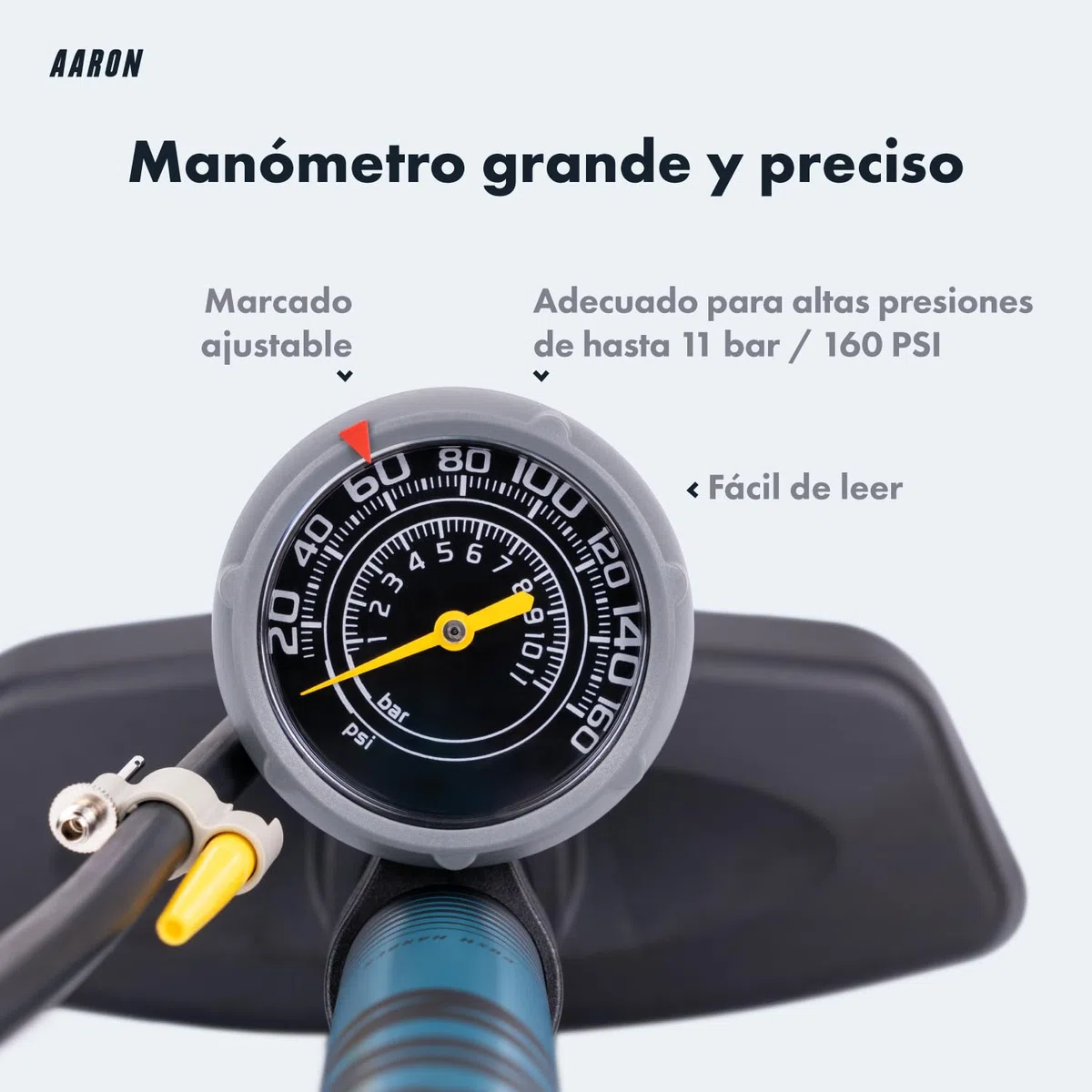 AARON Sport One - Bomba de pie para Bicicleta manómetro para Todo Tipo de válvulas, con Accesorio para Pelotas, Amarillo