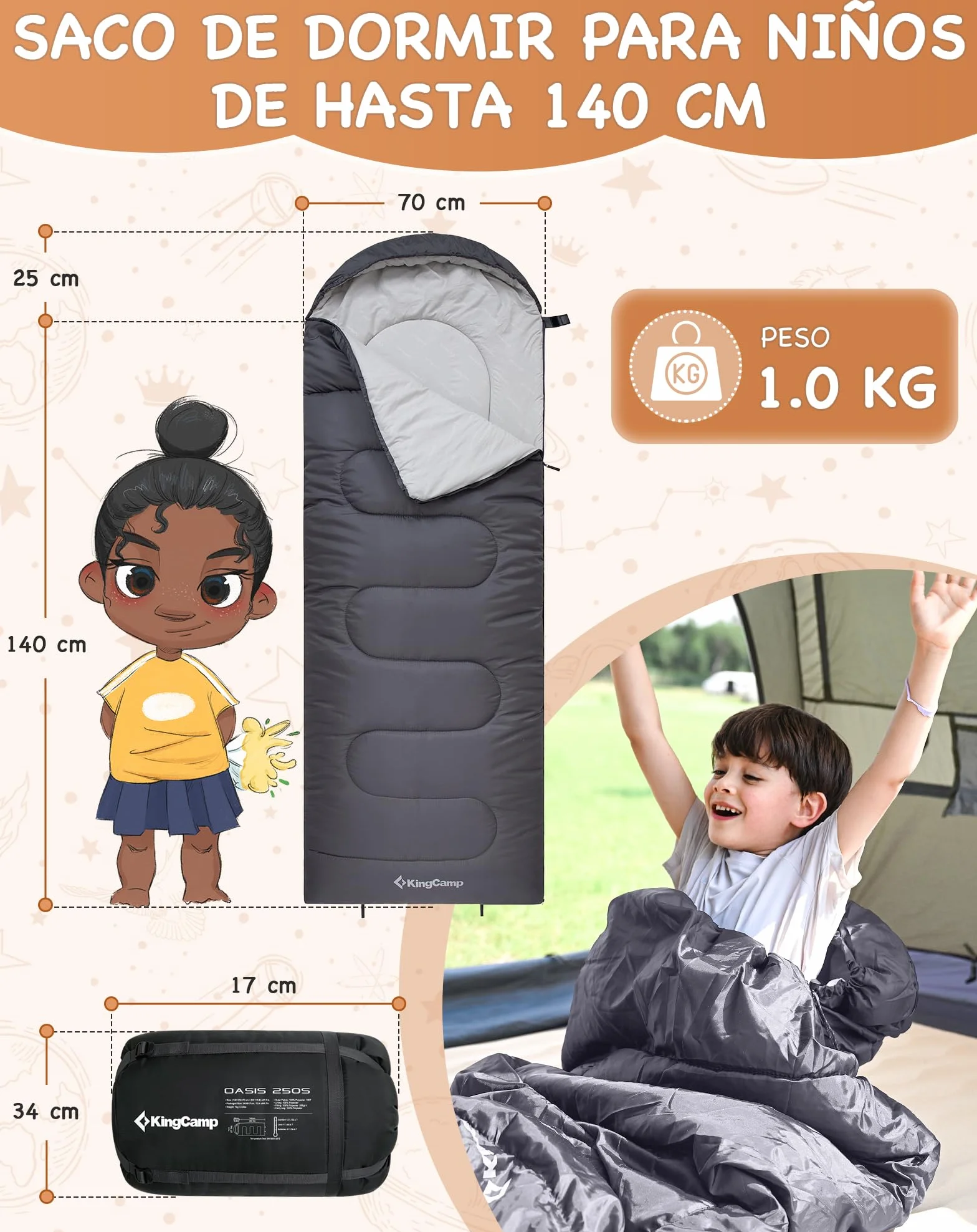 KingCamp Saco de Dormir Oasis 3-4 Estaciones Impermeable y Ligero para Camping (Niños y Adultos) - Conectable Izquierda/Derecha para Saco Doble, Ideal para Viajes y Actividades al Aire Libre