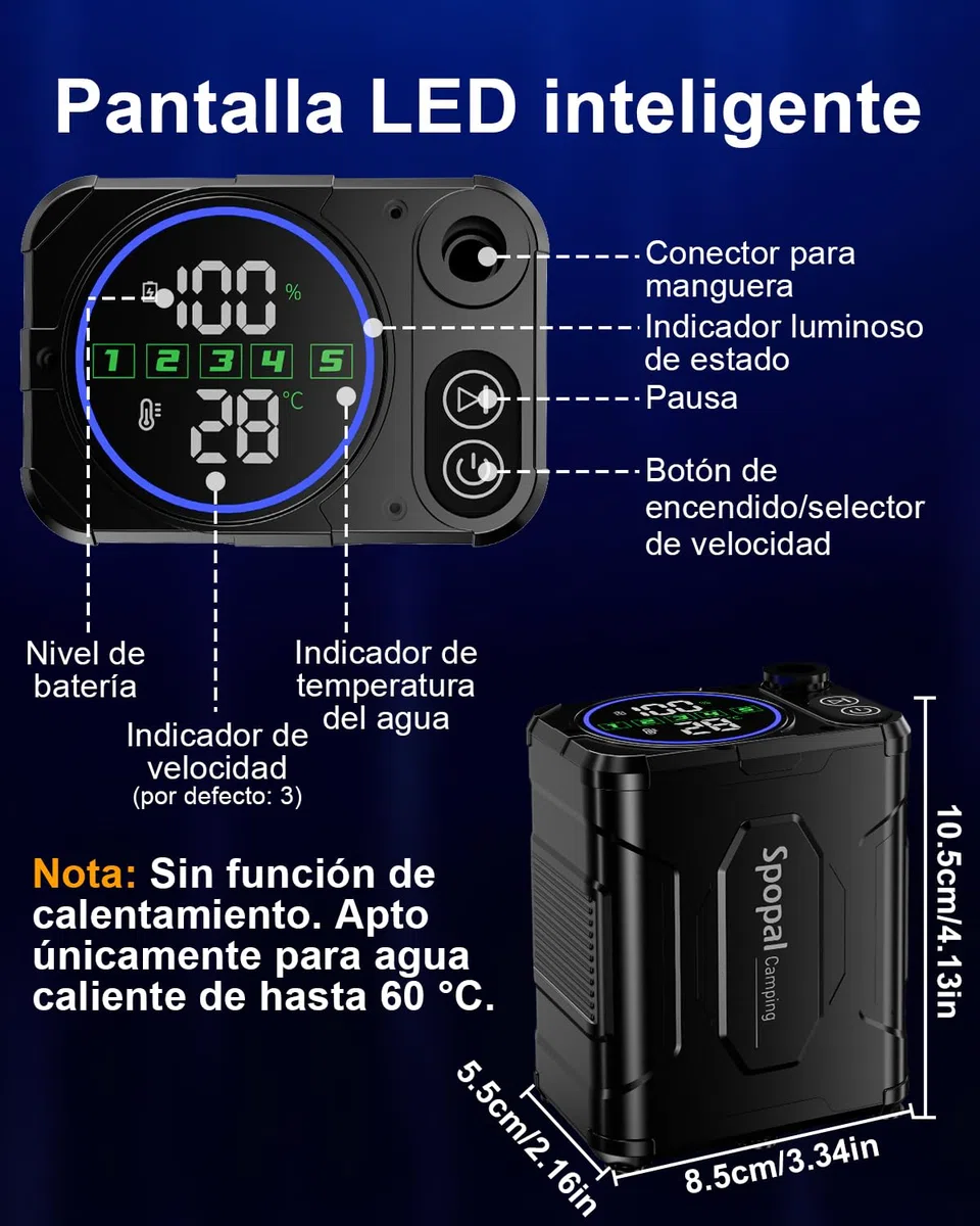 Ducha Camping Portatil, [13000mAh Batería][Pantalla Led] Spopal Ducha Electrica Recargable, 240 Minutos de Autonomía, IPX8 Impermeable, 5 Velocidades, Para Viajes Aire Libre, Acampar, Limpiar Mascotas