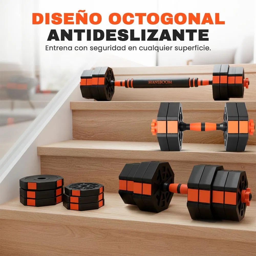ManiBoom Pesas y Mancuernas Ajustables - Kit de Pesas Ajustables con Barra y Cierre de Seguridad - Equipo de Entrenamiento Progresivo para Toda la Familia