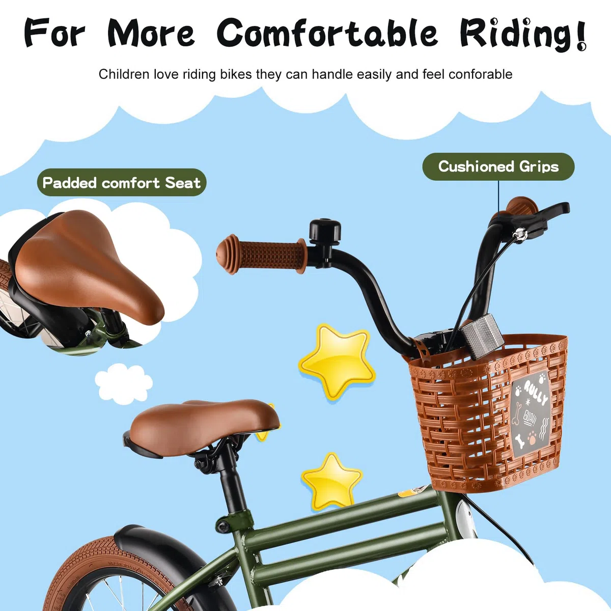RULLY Bicicleta infantil de 16 pulgadas en color verde – Bicicleta infantil de 4 a 7 años con ruedas estabilizadoras, freno de contrapedal y freno de mano, cesta, cuadro resistente, bicicleta de