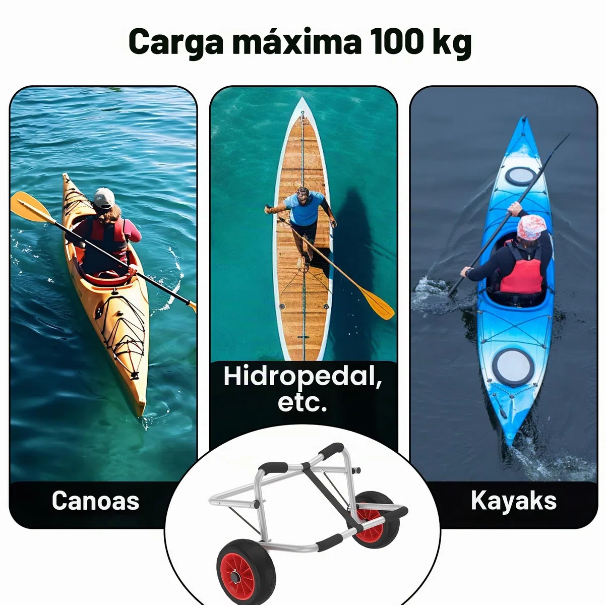 UISEBRT Carro para kayak plegable Carro para canoa plegable con capacidad de carga de hasta 100 kg con 3m de correas Cinturones de transporte de aluminio para SUP Carro para bote neumático, canoa