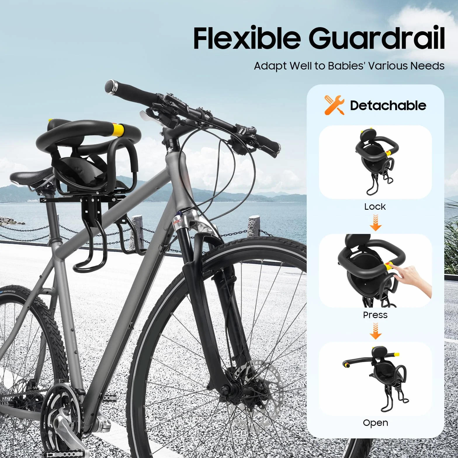 Asiento de seguridad infantil para bicicleta de 35 kg, asiento delantero para niños, asiento de seguridad infantil con cinturón de seguridad, para bicicletas de montaña o de carretera, soporte