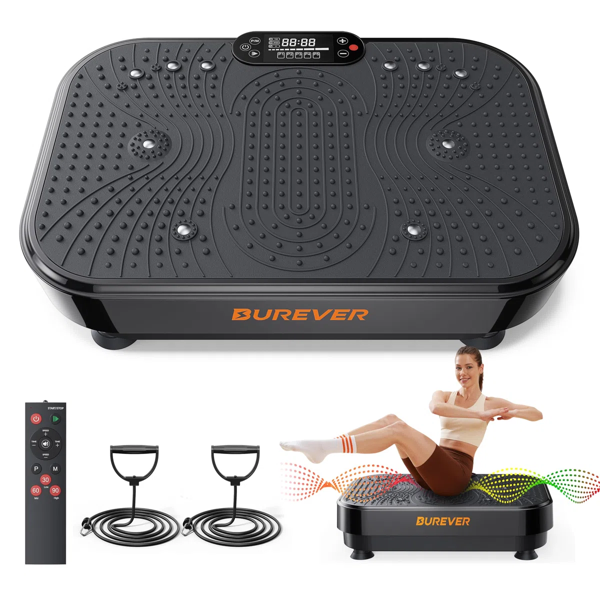 Plataforma Vibratoria, 150W Plataforma vibración Muscular con Masaje silencioso de pies, 99 Niveles de Intensidad y 5 programas, con 2 Bandas de Resistencia y Mando a Distancia, Pantalla LCD