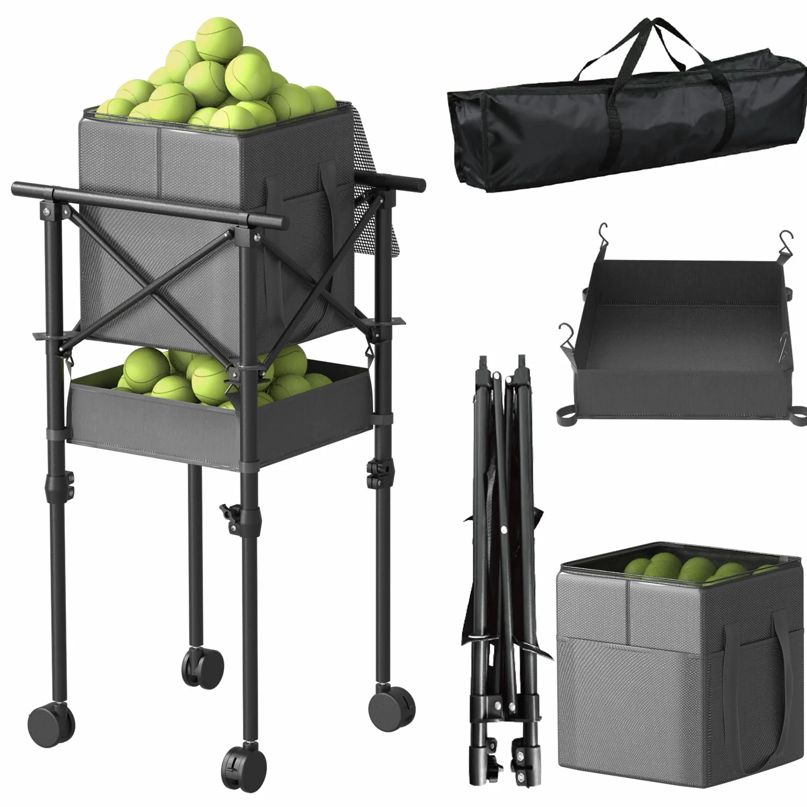 Moricher Canasta de pelotas de tenis con ruedas – Cesta de pelotas de tenis plegable de altura ajustable con bolsa de almacenamiento, 150 pelotas de pickleball y capacidad para pelotas de tenis